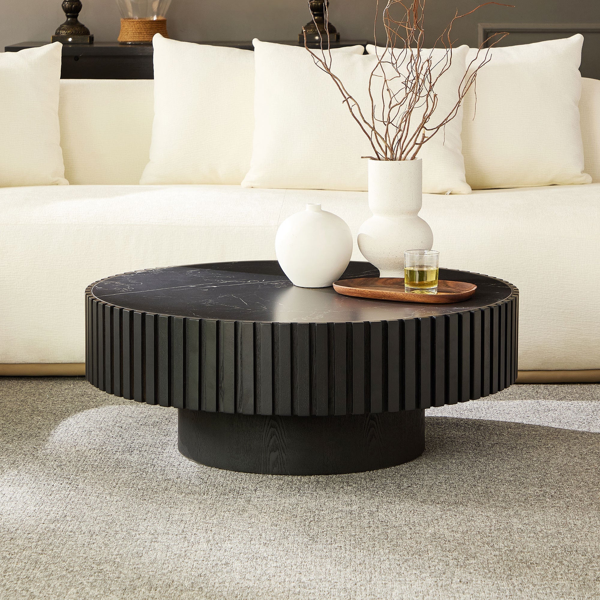 35.43'' Nesting Round Sintered Stone Tabletop Modern Drum Coffee Table