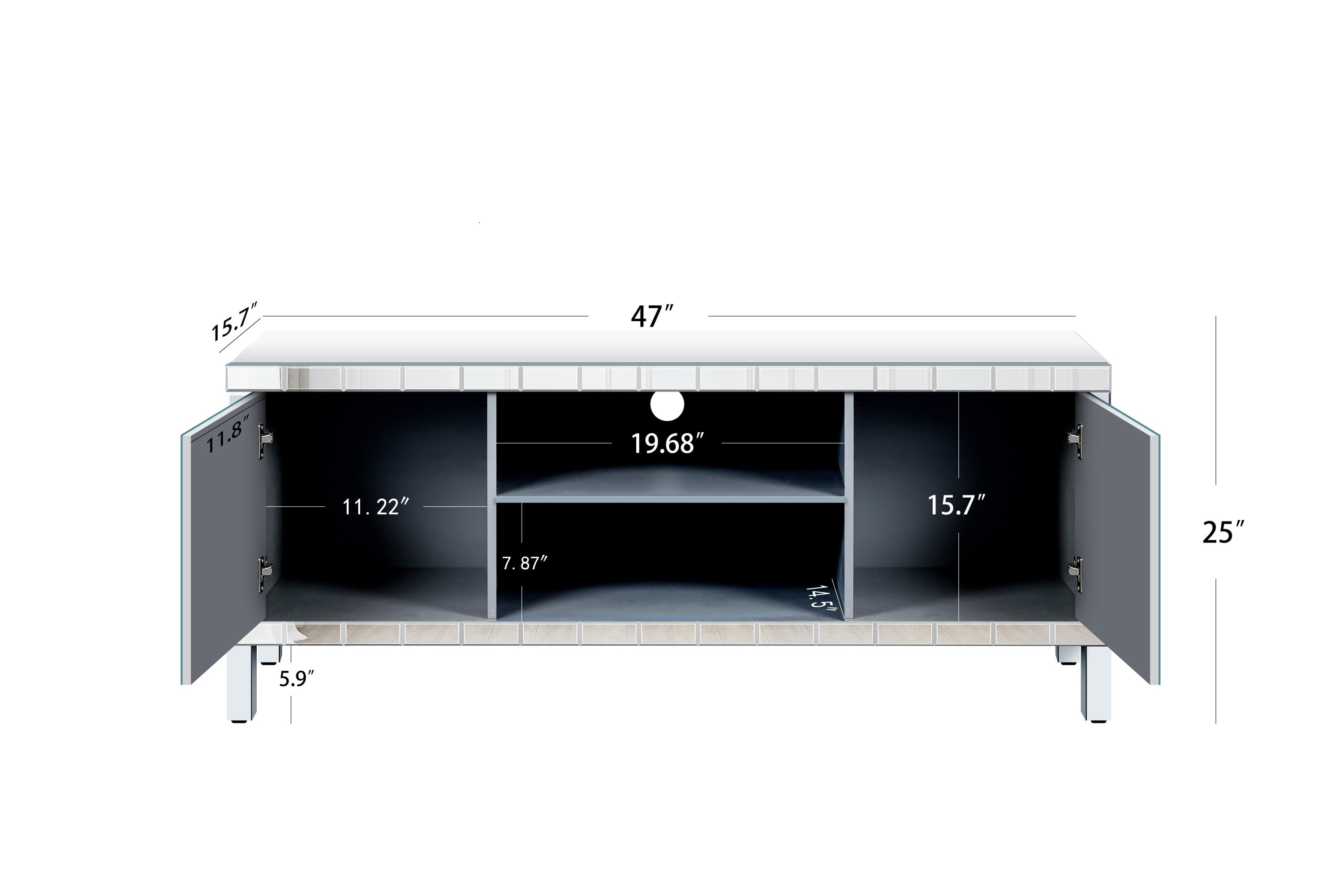 47 Inch Mirror TV Media Console with Diamond Glass Doors, Dual Door