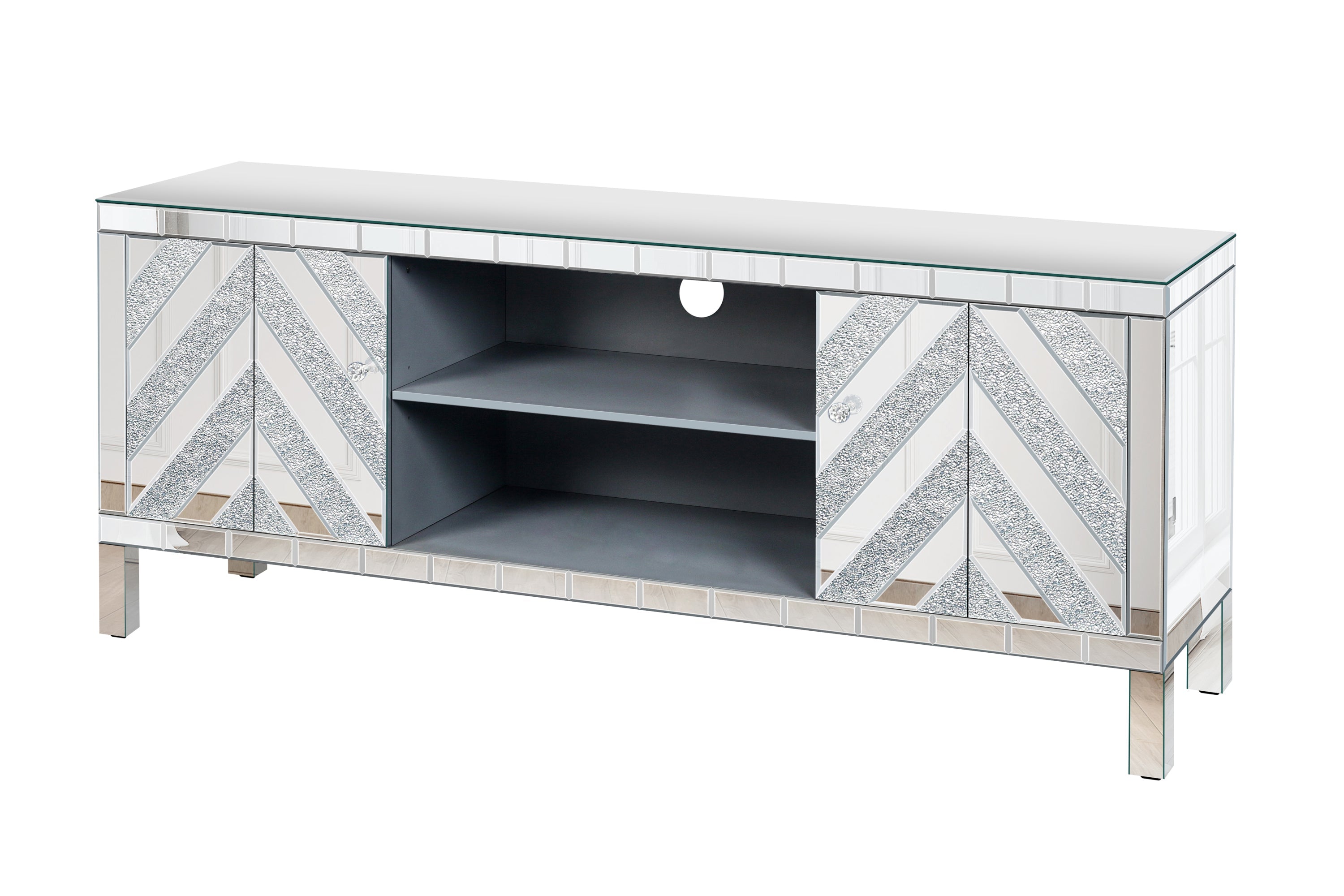 47 Inch Mirror TV Media Console with Diamond Glass Doors, Dual Door