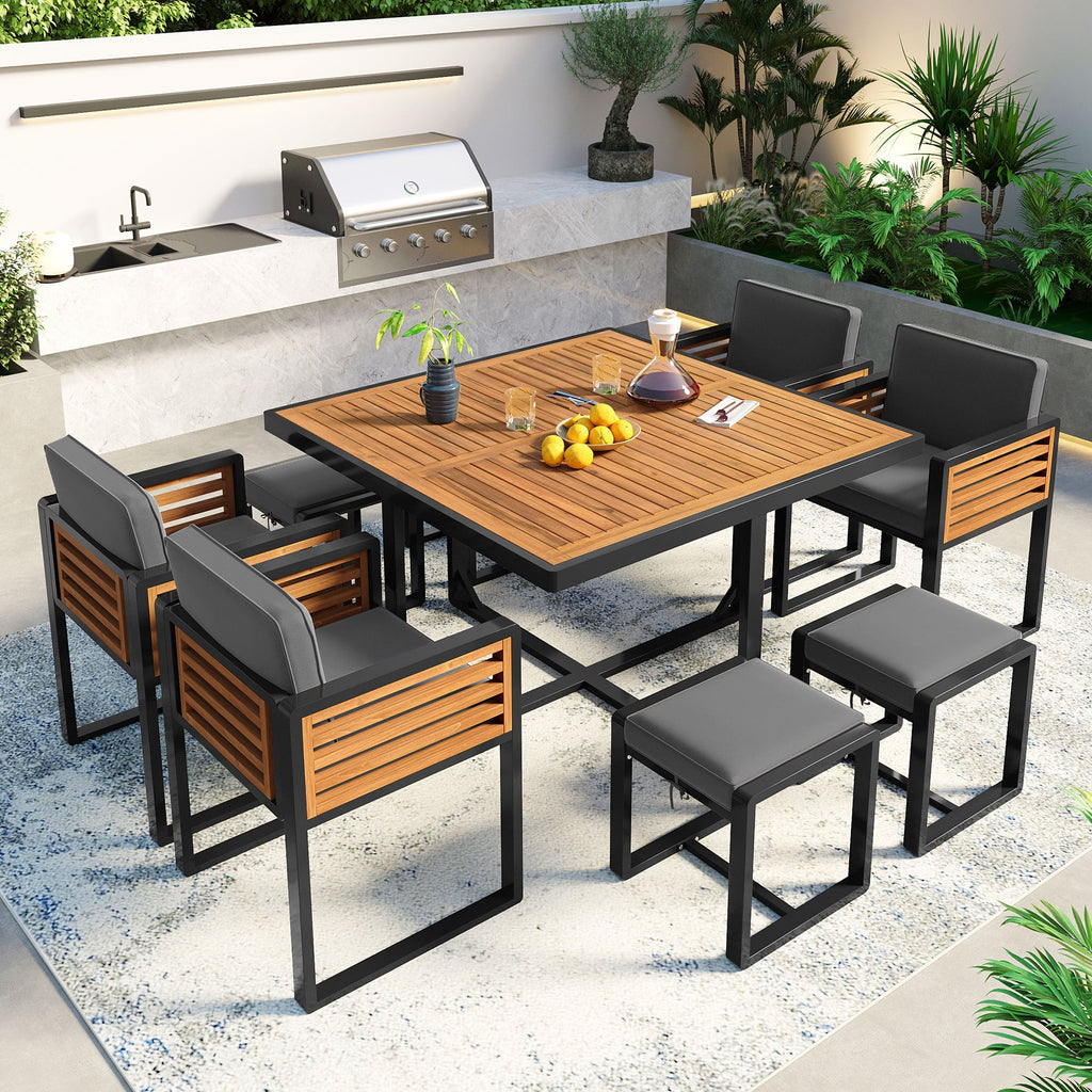 9-Pieces Acacia Wood Patio Dining Set, Space Saving Outdoor Patio Set,