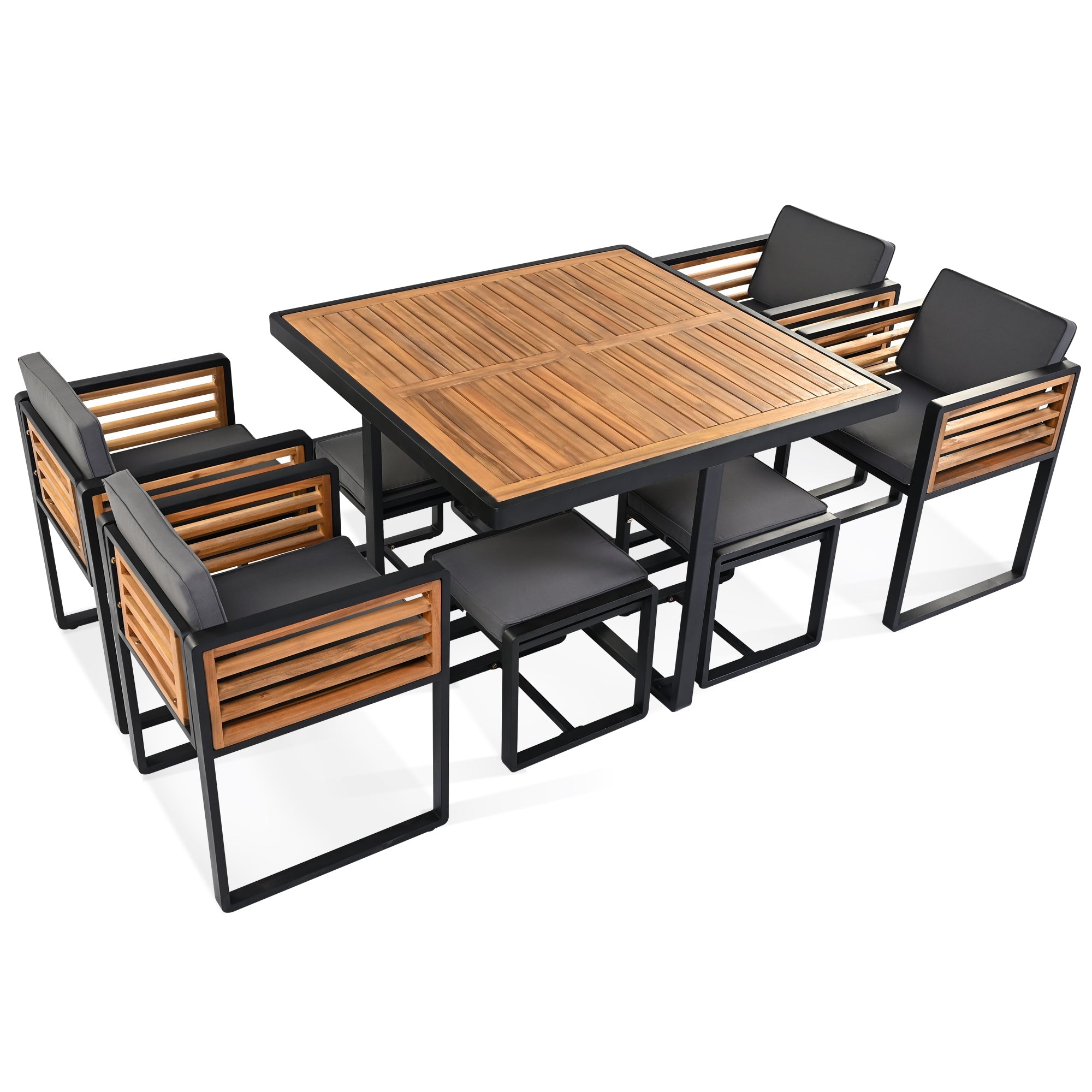 9-Pieces Acacia Wood Patio Dining Set, Space Saving Outdoor Patio Set,