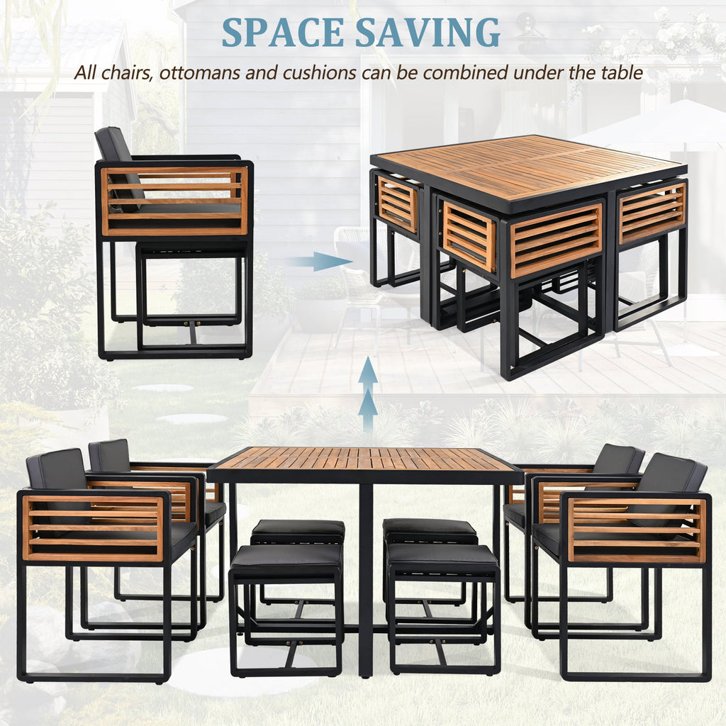 9-Pieces Acacia Wood Patio Dining Set, Space Saving Outdoor Patio Set,