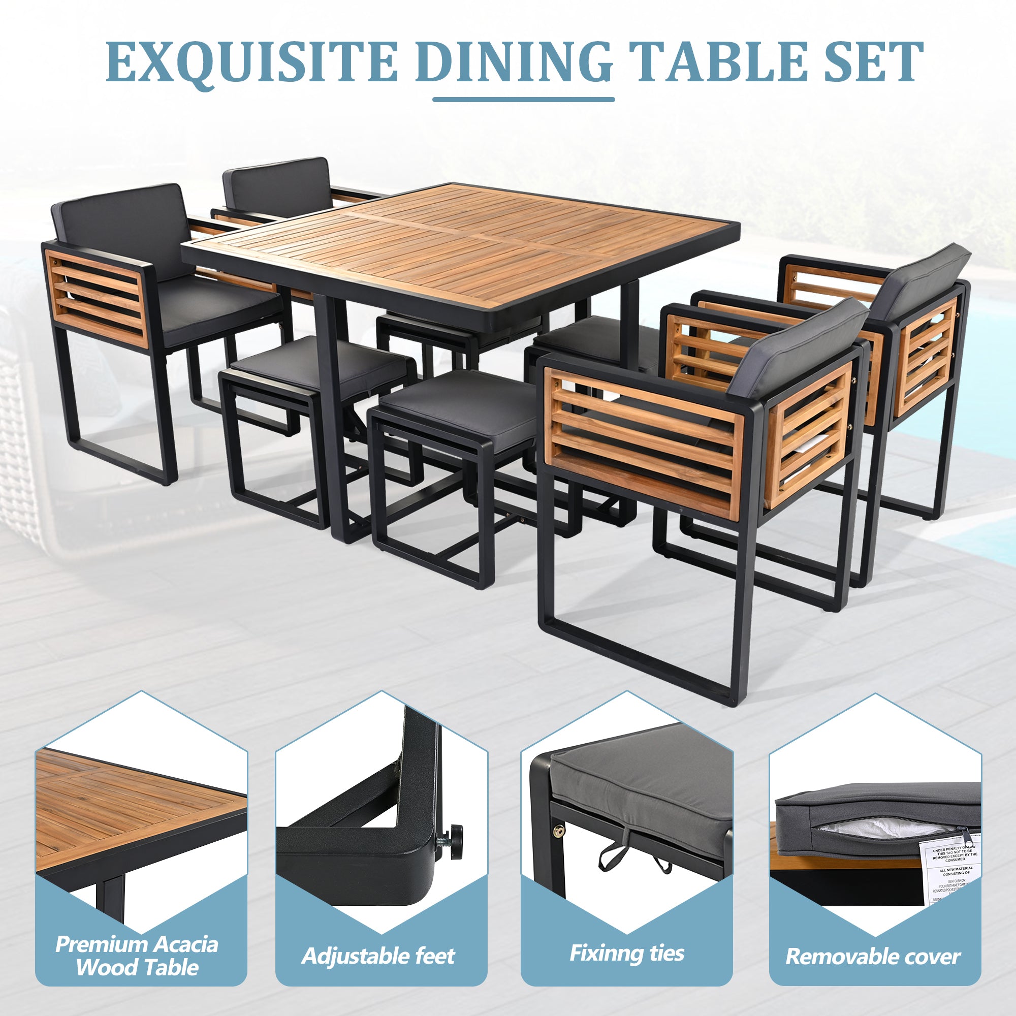 9-Pieces Acacia Wood Patio Dining Set, Space Saving Outdoor Patio Set,