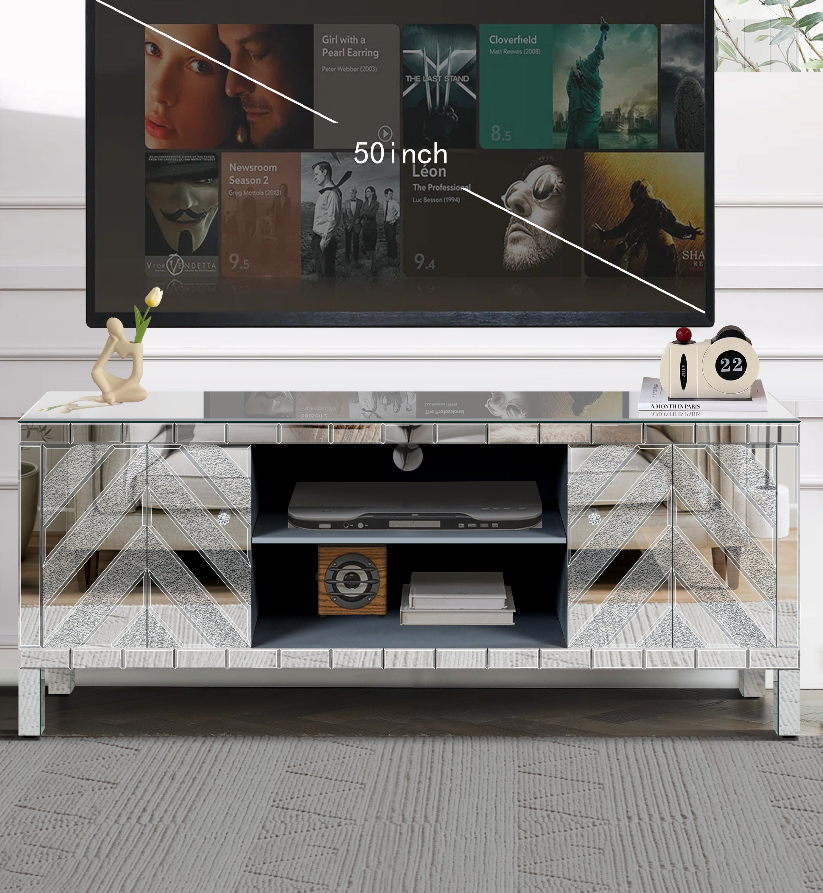 47 Inch Mirror TV Media Console with Diamond Glass Doors, Dual Door