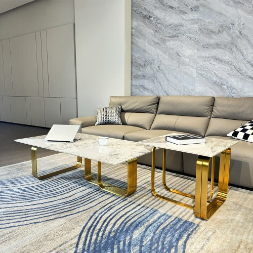 LuneluX_Home – Modern Sintered Stone Coffee Table Set with Gold Frame