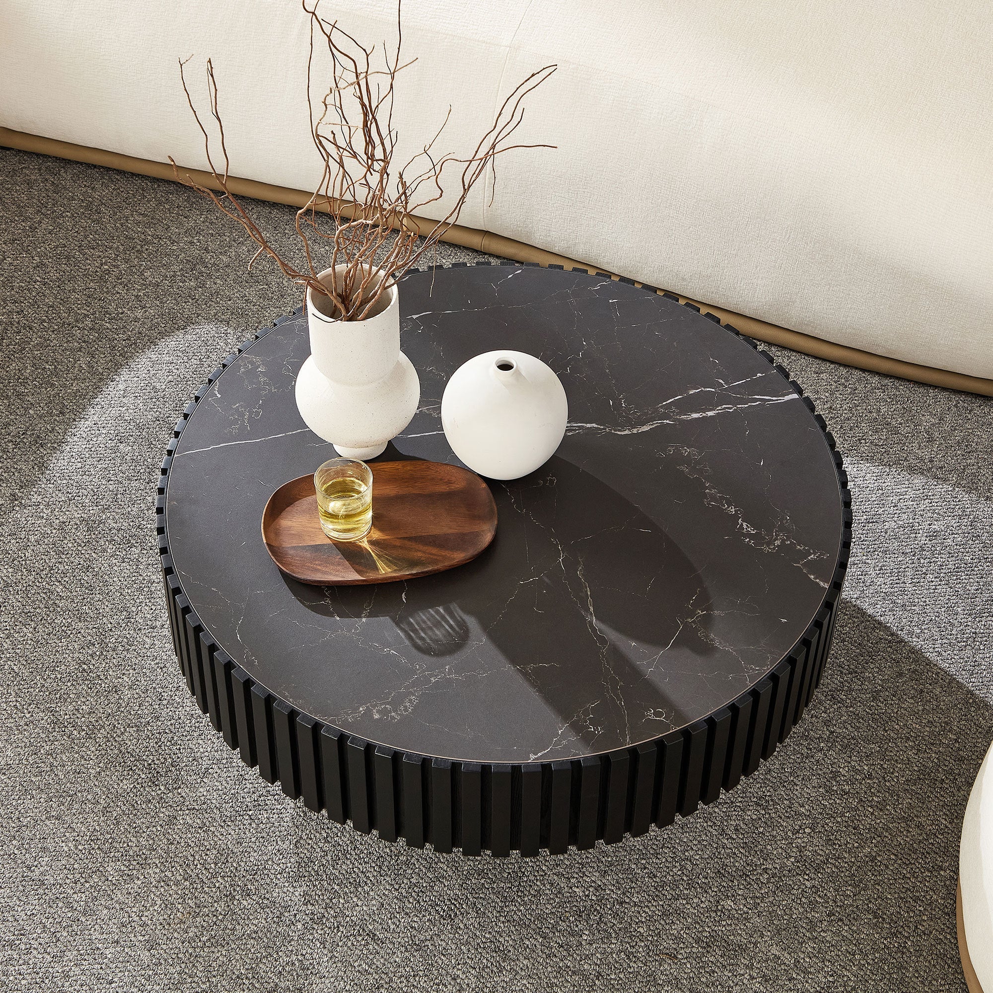 35.43'' Nesting Round Sintered Stone Tabletop Modern Drum Coffee Table
